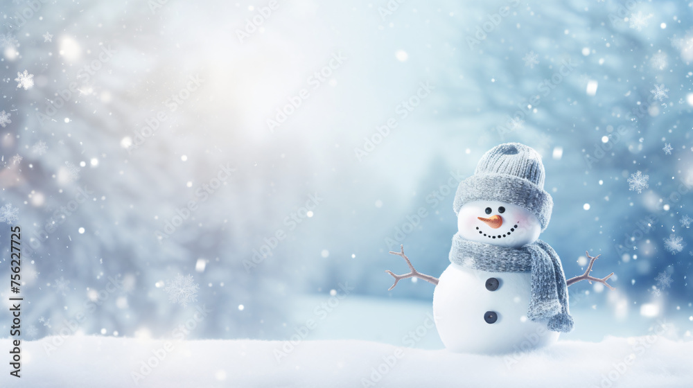 Happy smilling snowman with white snowing winter landscape
