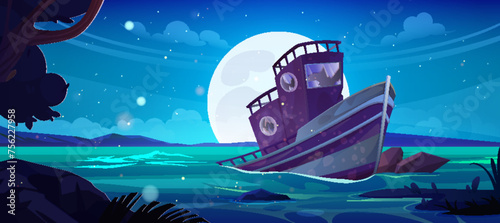 Cartoon ship wreck and sinking after crash vector illustration. Broken abandoned vintage boat in sea. Dilapidated cracked fishing water transport and calm night full moon blue marine landscape