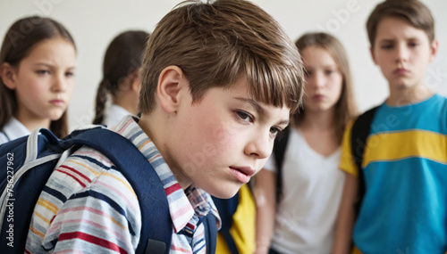 Bullying at school. Nervous kids and teenagers, violence and cyberbullying. Derision, denigration, feeling alone. Feelings of sadness and psychological violence. Portrait of young desperate students.