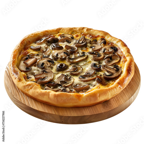 Mushroom Quiche Pizza on Wooden Board, Isolated on Transparent Background