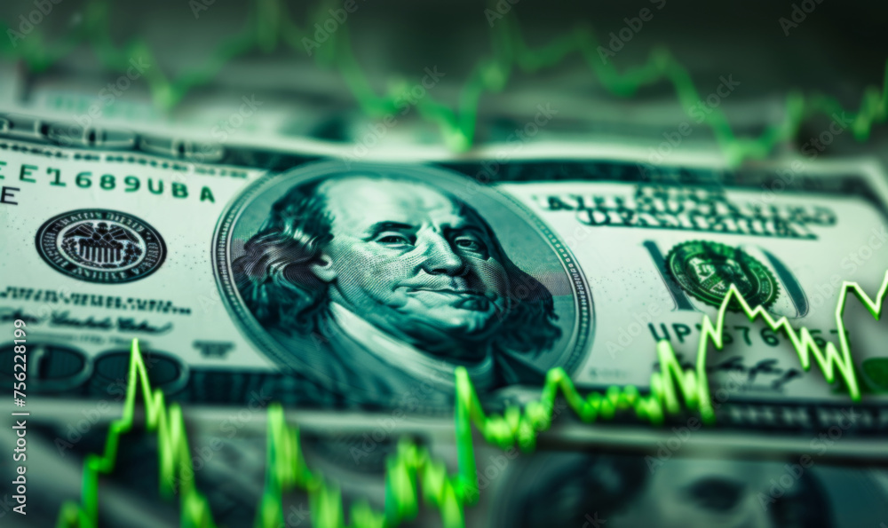 Dollar, stock market and finance background design for business, economy and global inflation. Graphic, index or marketing strategy graphic wallpaper for banking, investment growth and forex trading. - obrazy, fototapety, plakaty 