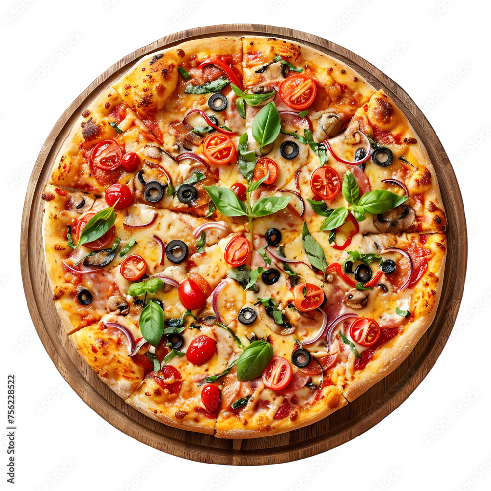 A pizza topped with olives, tomatoes, and basil, displayed Isolated on transparent background A pizza topped with olives, tomatoes, and basil, displayed Isolated on transparent background