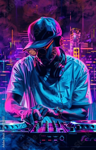 Neon-Lit Pop Art DJ in Action with Vibrant Cityscape Backdrop and Energetic Music Vibes
