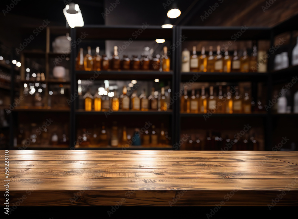 Empty wooden table for product demonstration and presentation on the background of a bar, store, with alcoholic drinks