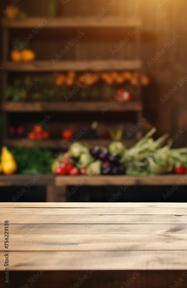 Empty wooden table for product demonstration and presentation on the background of blurred vegetable rows in a supermarket or store