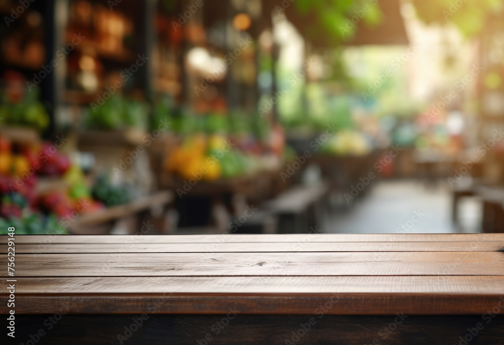 Empty wooden table for product demonstration and presentation on the background of blurred vegetable rows in a market or store