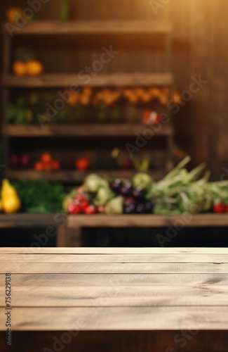 Empty wooden table for product demonstration and presentation on the background of blurred vegetable rows in a supermarket or store