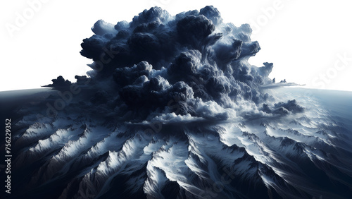 Dark storm cloud casting ominous shadow upon global mountainous landscape. Concept of apocalypse, dystopia, volcano, destruction, catastrophe, earthquake, war, explosion, disaster, end of world photo