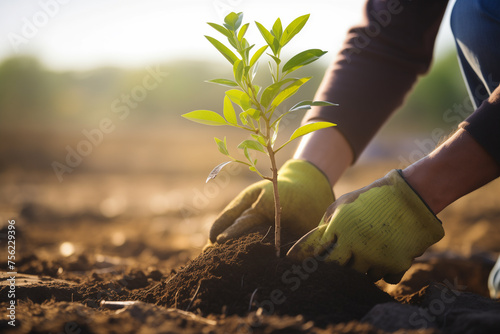 Man planting a young tree in fresh soil, the worker has gloves, close up shot, blured background, morning light. Ai generated
