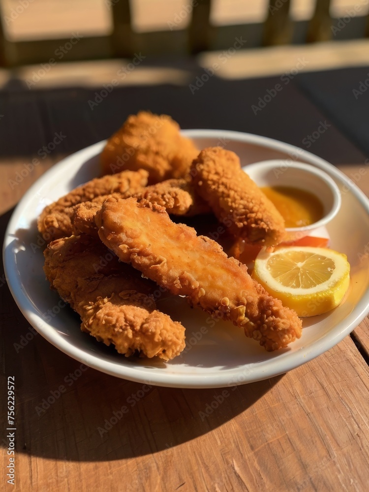 a plate of crispy chicken strips a plate of crispy chicken strips