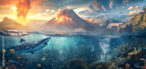 shark and various fishes in under water sea with volcano mountain eruption background above it at sunset