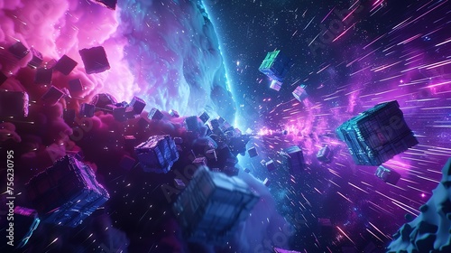 Virtual Reality space world in a block, cube effect. Video Game retro asteroid field. purple, pink and blue lights racing along a digital landscape. 3D render  photo