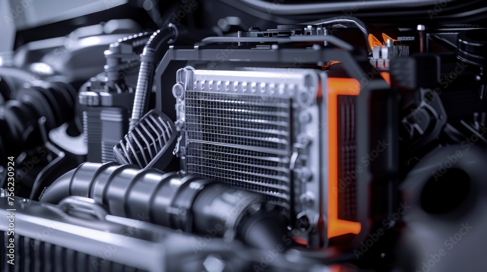 Fototapeta premium The spare automotive radiator part sat on the shelf, ready to provide cooling relief with its flowing water and rising steam.