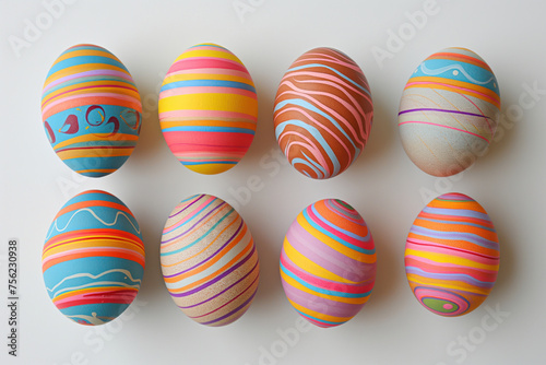 Closeup top down view of eight colorful painted easter eggs on light gray background. Generative AI