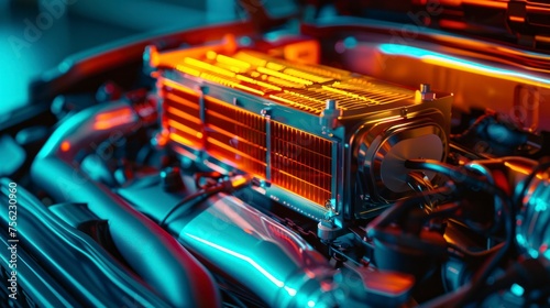 The automotive radiator is a crucial cooling part that prevents overheating by circulating water and steam, making it a necessary spare part. photo