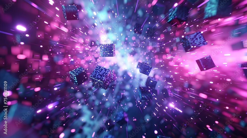 Virtual Reality space world in a block, cube effect. Video Game retro asteroid field. purple, pink and blue lights racing along a digital landscape. 3D render 
