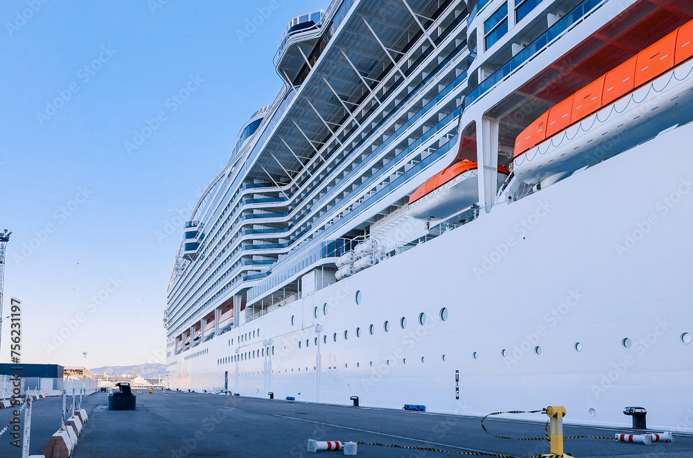 View of MSC WORLD EUROPA cruise ship stands in passenger port of Marseille, France. View of MSC WORLD EUROPA cruise ship stands in passenger port of Marseille, France.