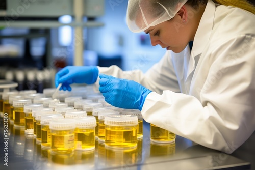 
A laboratory technician carefully labeling and organizing urine samples before analysis, ensuring accuracy and traceability in the testing process