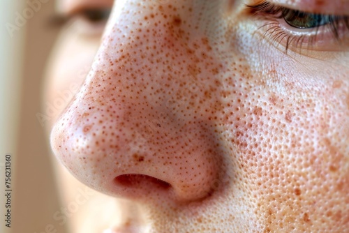  Close-up photo of enlarged pores on the nose and cheeks, emphasizing skin imperfections.