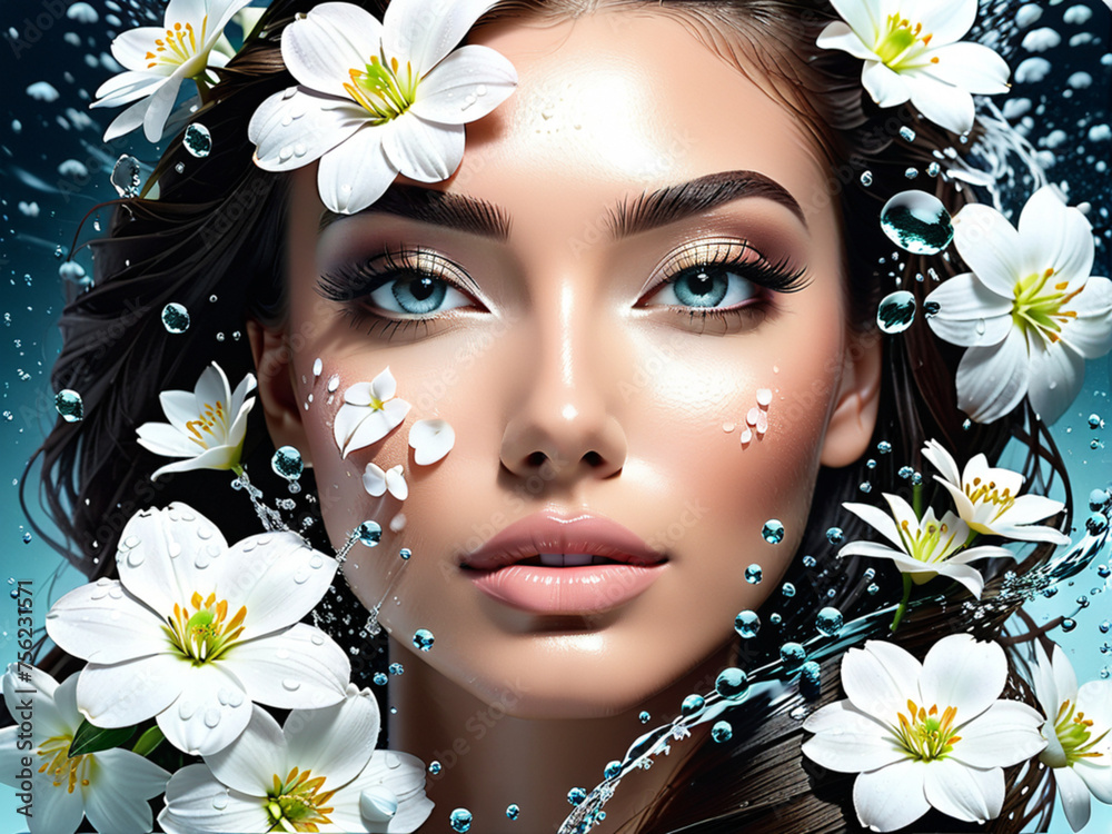 Portrait of a beautiful girl in closeup splashes of water white flowers clean skin concept banner for beauty and cosmetology Portrait of a beautiful girl in closeup splashes of water white flowers clean skin concept banner for beauty and cosmetology