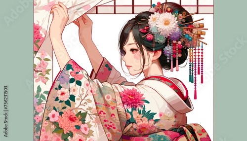Concept of an image of a woman in kimono in a townhouse in Kyoto. Vector illustration.