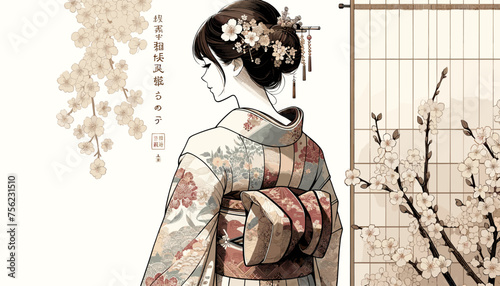 Concept of an image of a woman in kimono in a townhouse in Kyoto. Vector illustration.