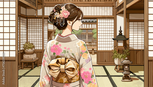 Concept of an image of a woman in kimono in a townhouse in Kyoto. Vector illustration.