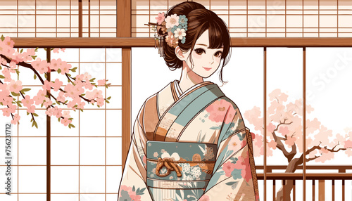 Concept of an image of a woman in kimono in a townhouse in Kyoto. Vector illustration.