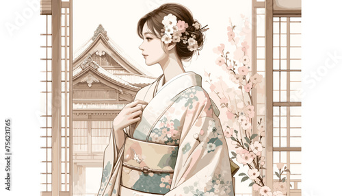 Concept of an image of a woman in kimono in a townhouse in Kyoto. Vector illustration.