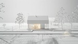 maquette de maison posée sur des plans avec des petites lumières, fond blanc, illustration ia générative