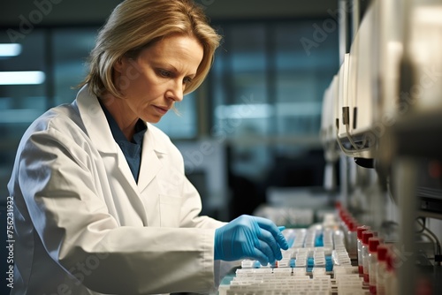 
Photo of a middle-aged female healthcare worker labeling blood samples for detailed analysis.