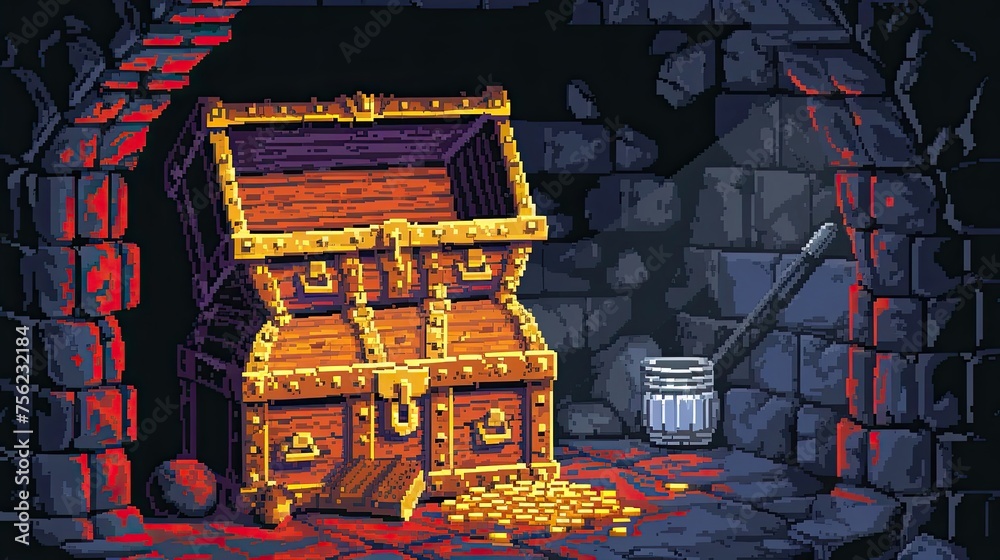 Pixel chest. Style, castle, fantasy, jewelry, cross, gold, pirates, treasure, computer, RPG, reward, dungeon, character, game. Generated by AI