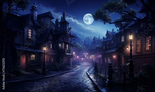Old town at night, beautiful ancient urban landscape with moon and stars, illustration generated by ai © emilio100