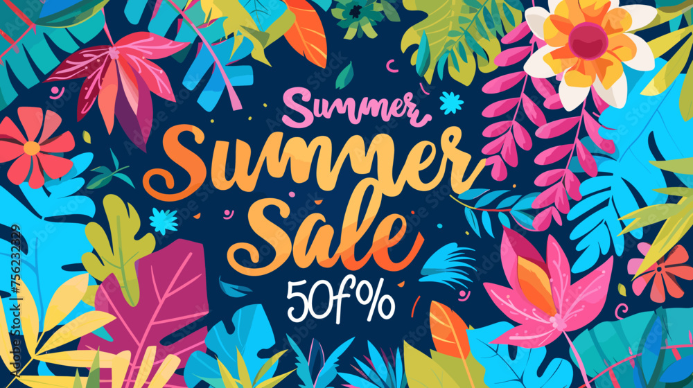 illustration flat design colorful tropical-themed advertisement banner with discount offer for a summer sale.