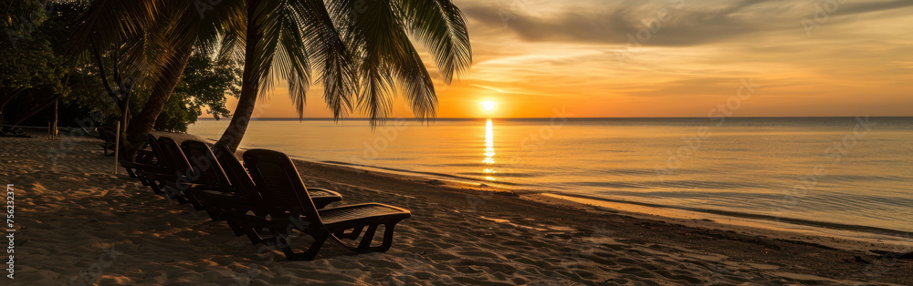Beach chairs on tropical beach at beautiful sunset time. Banner.