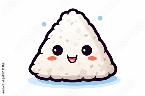 A cute onigiri with a kawaii face, smiling brightly against a white background.