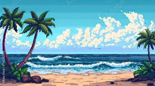 Pixel beach with palm trees. Style, swimming, sand, sea, sun, tan, relaxation, umbrella, swimsuit, heat, summer, water, pebbles, deck chair. Generated by AI
