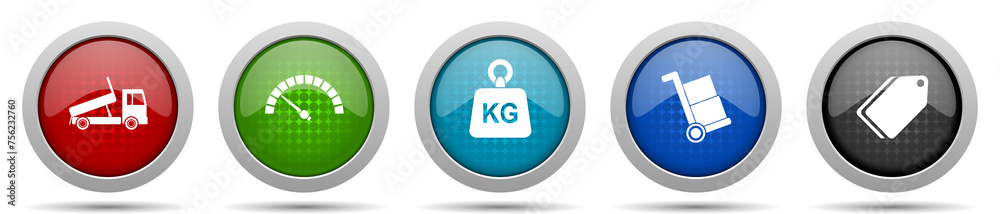 Transport icons, miscellaneous buttons such as truck, speedmeter, kg, barrow and ticket, circle glossy web icon collection Transport icons, miscellaneous buttons such as truck, speedmeter, kg, barrow and ticket, circle glossy web icon collection