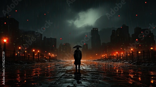 A figure standing in the rain, representing sorrow photo