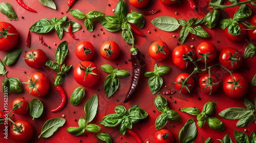 on red background, tomatoes, red bell pepper, red chili pepper, basil leaves, advertising banner concept for supermarket