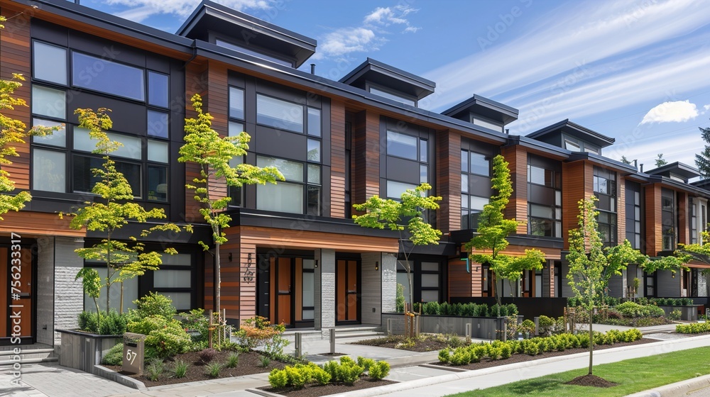 An up-close look at the facade of a row of contemporary craftsman townhouses, featuring sleek lines, minimalist landscaping, and innovative design elements.