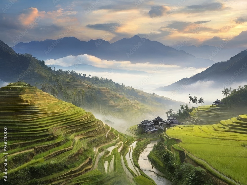 Asia with a stunning landscape of misty mountains HD Wallpapers