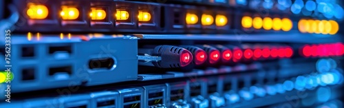 Fiber Optic cables connected to an optic ports in data center. Banner.