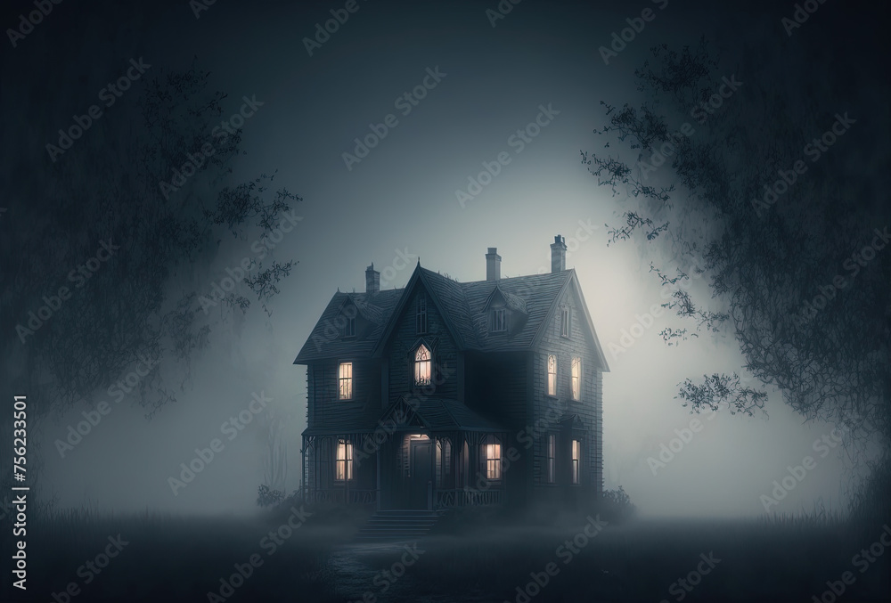 Dwelling of a witch, a sorcerer. Scary old haunted house in the woods. Mystical creepy night fog. 3D rendering. AI generated.