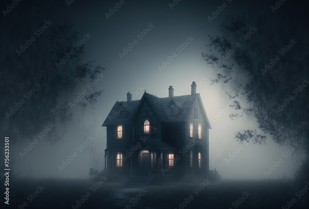 Dwelling of a witch, a sorcerer. Scary old haunted house in the woods. Mystical creepy night fog. 3D rendering. AI generated. Dwelling of a witch, a sorcerer. Scary old haunted house in the woods. Mystical creepy night fog. 3D rendering. AI generated.