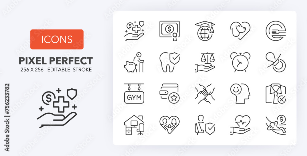 Employee benefits, thin line icon set. Outline symbol collection. Editable vector stroke. 256x256 Pixel Perfect scalable to 128px, 64px... - obrazy, fototapety, plakaty 