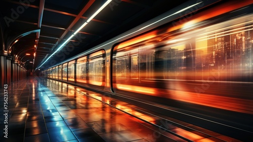 A moving subway car, train, at the evening station. Tram stop in the city. Speed, blurry movement of neon lights.
