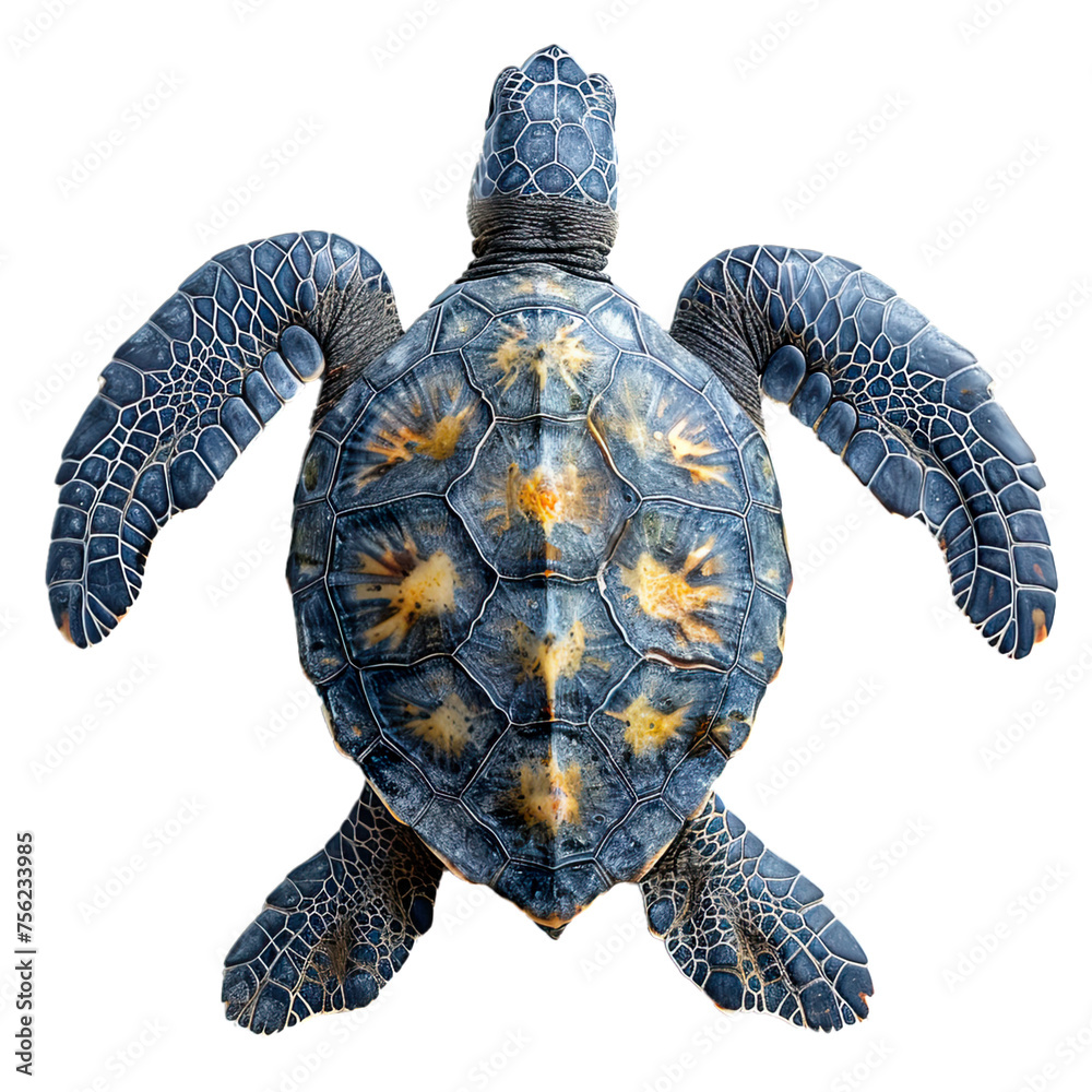 Fototapeta premium Sea turtle topview isolated on transparent background - A blue and yellow sea turtle with a white background.