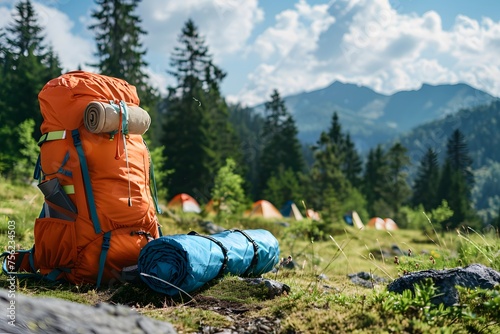 the great outdoors with camping gear in a forest photo