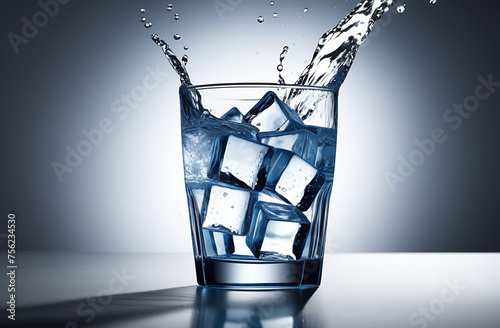 glass of splashing water with ice 